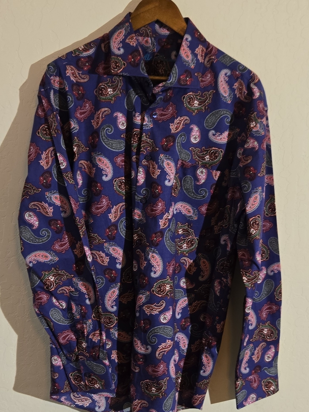 Alan Flusser Navy Paisley Button-Down Shirt with Pink and Green Accents